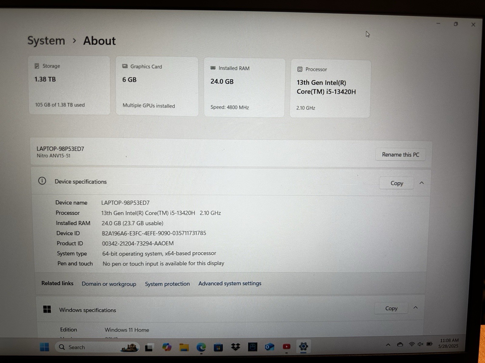 Acer Nitro V15 (Model ANV15-51) – MODDED SPECS