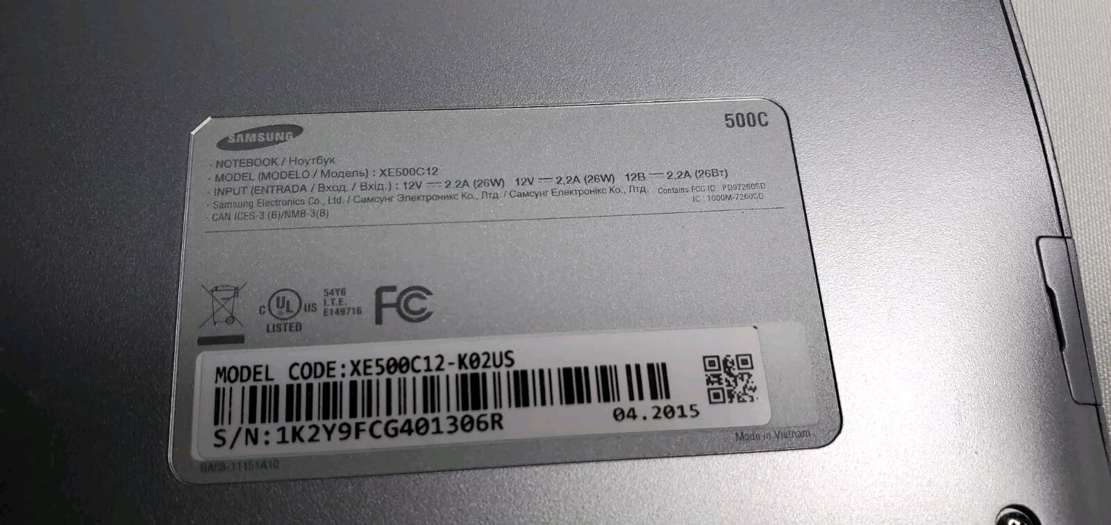 Samsung Notebook – XE500C12K01US Soft Top No Power Cord Preowned