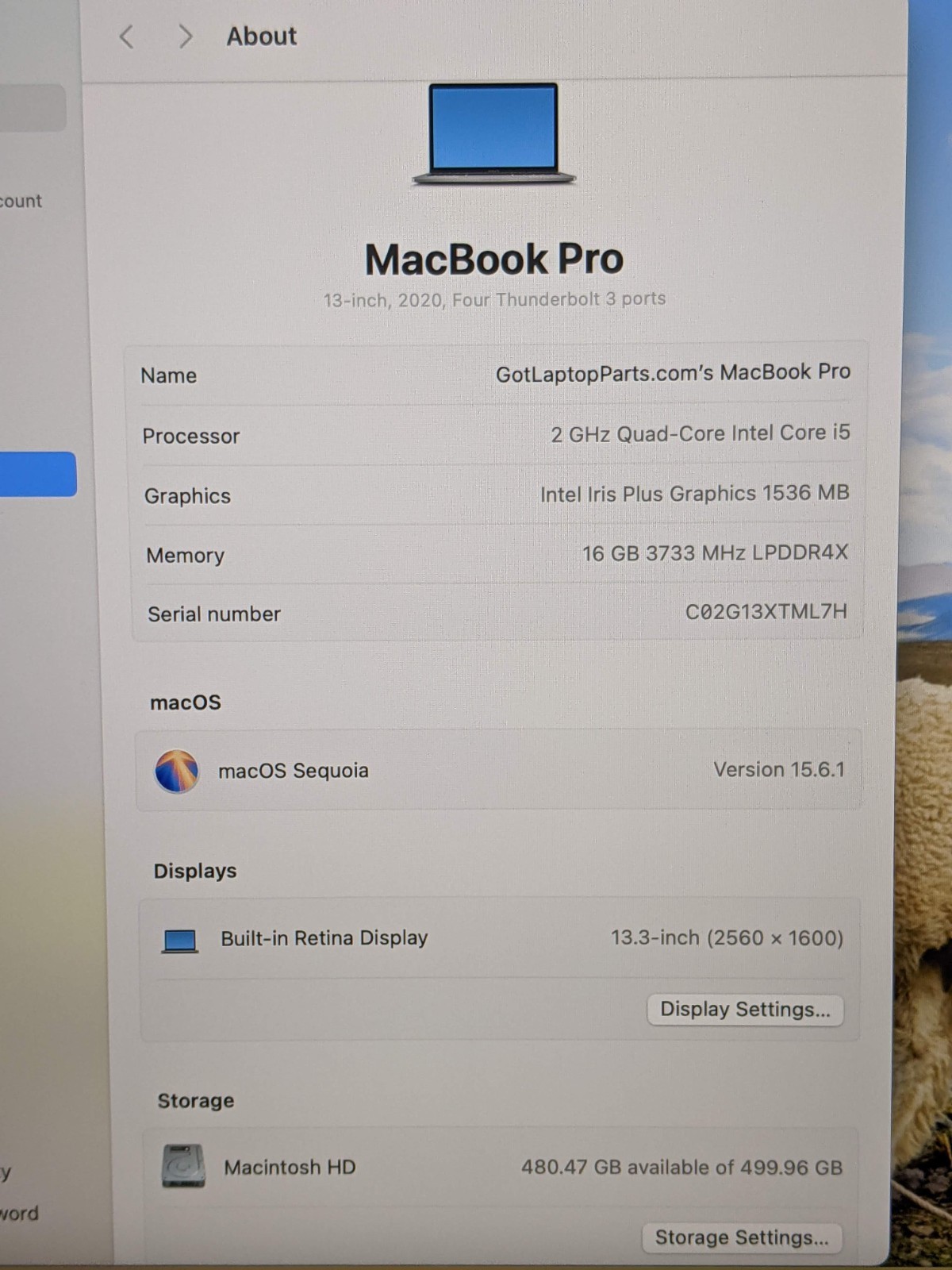 Apple MacBook Pro 13″ (2020) A2251 i5-1038NG7 2GHz 16GB 512GB SSD Sequoia +PA