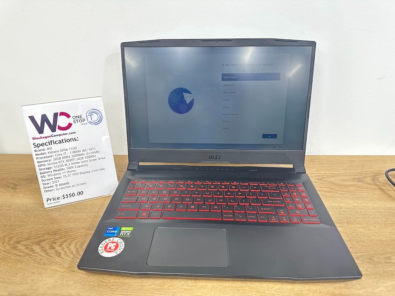 MSI Katana GF66 11UD, Core i7 11800H, 32GB DDR4, RTX 3050Ti, 512GB SSD, 2021