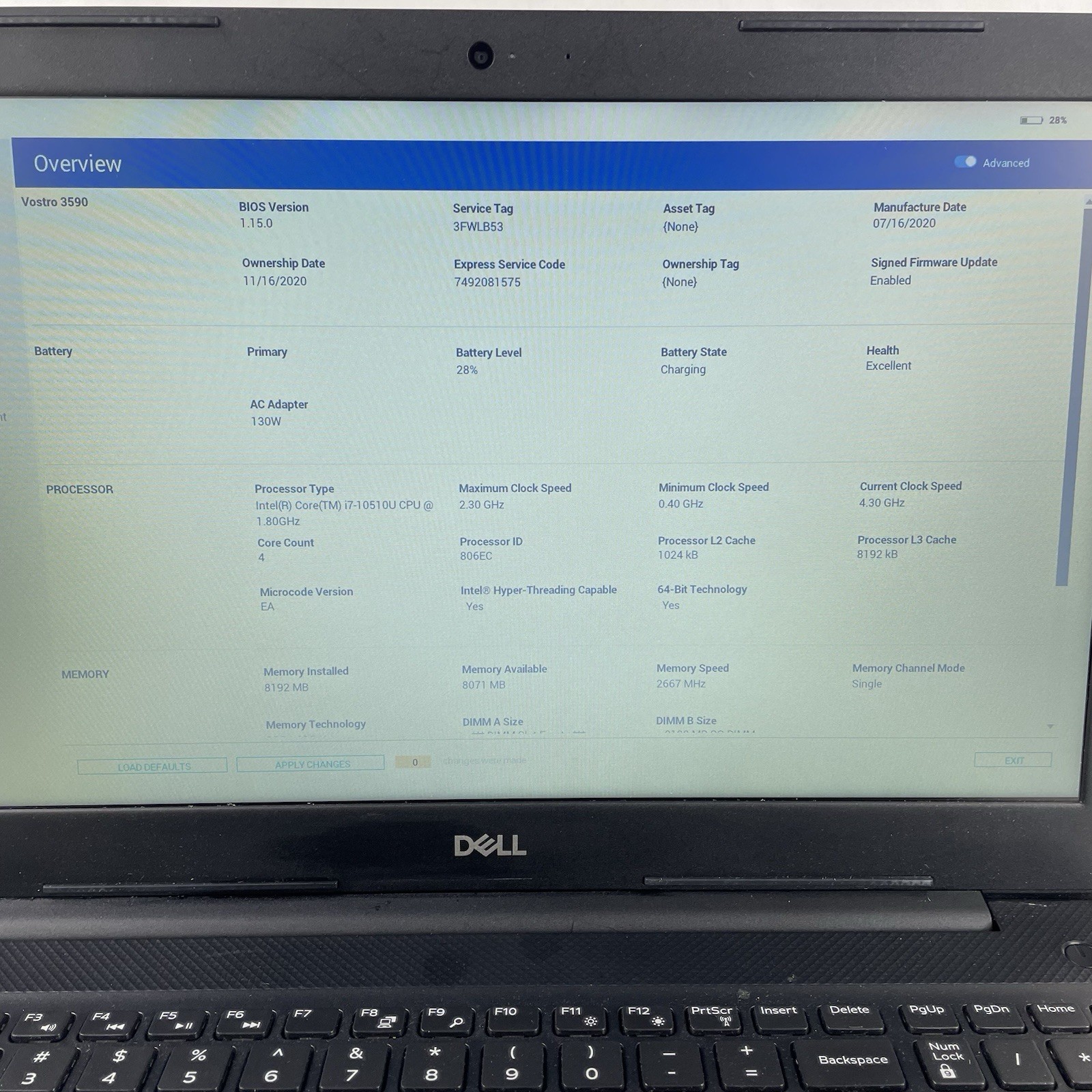 Dell Vostro 3590 15.6″ i7-10510U 4.30 GHz 8 GB RAM No SSD No OS No AC