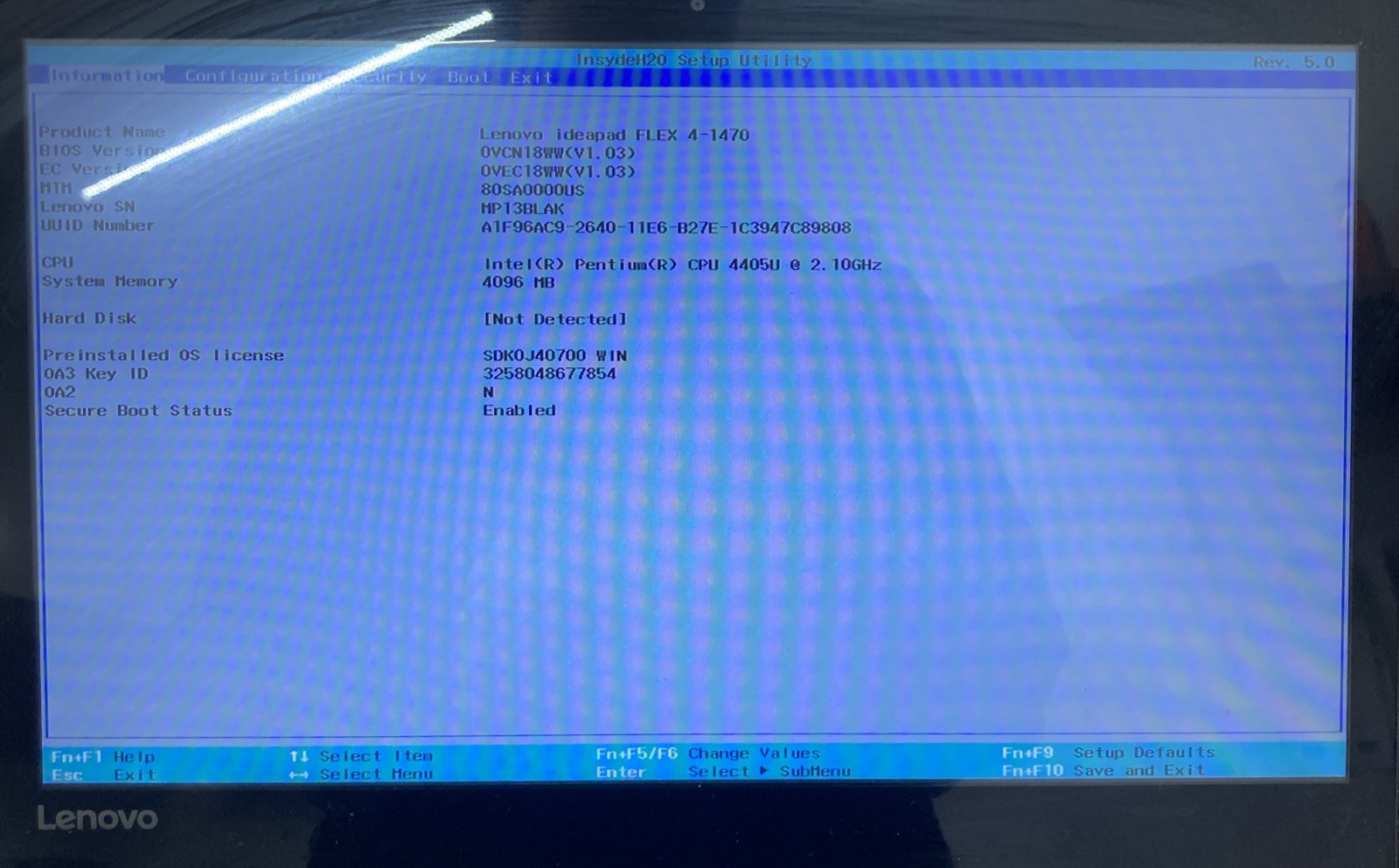 LENOVO IDEAPAD FLEX 4-1470 Intel Pentium 4405U 2.10 GHZ 4GB No HDD Boot to BIOS