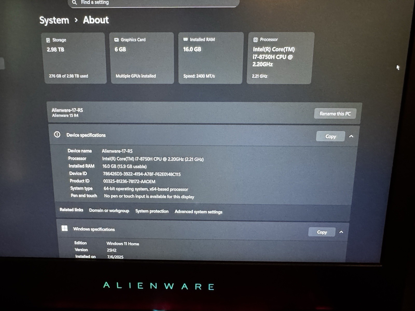 Alienware 15 R4 15.6in i7-8750H 16GB 1TB SSD GTX 1060 Win 11