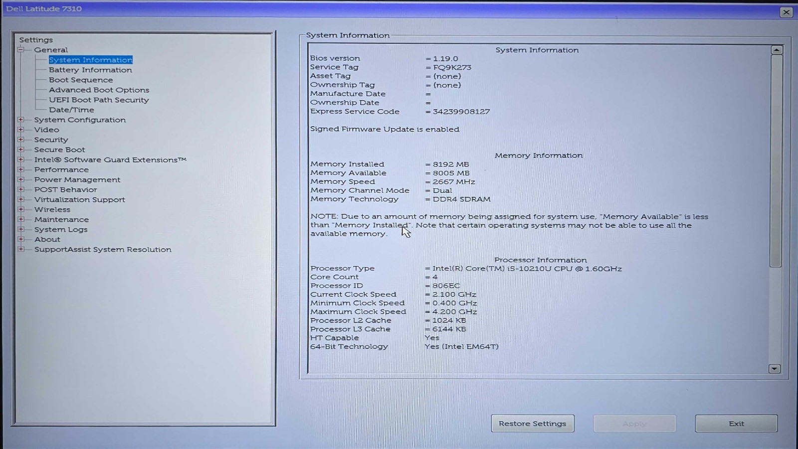 Dell Latitude 7310 Core i5-10210U 1.6GHz CPU 8GB RAM 256GB SSD Windows 11 Pro