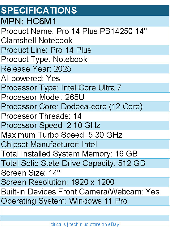 Dell HC6M1 Pro 14 Plus PB14250 14″ Clamshell Notebook – Intel Core Ultra 7