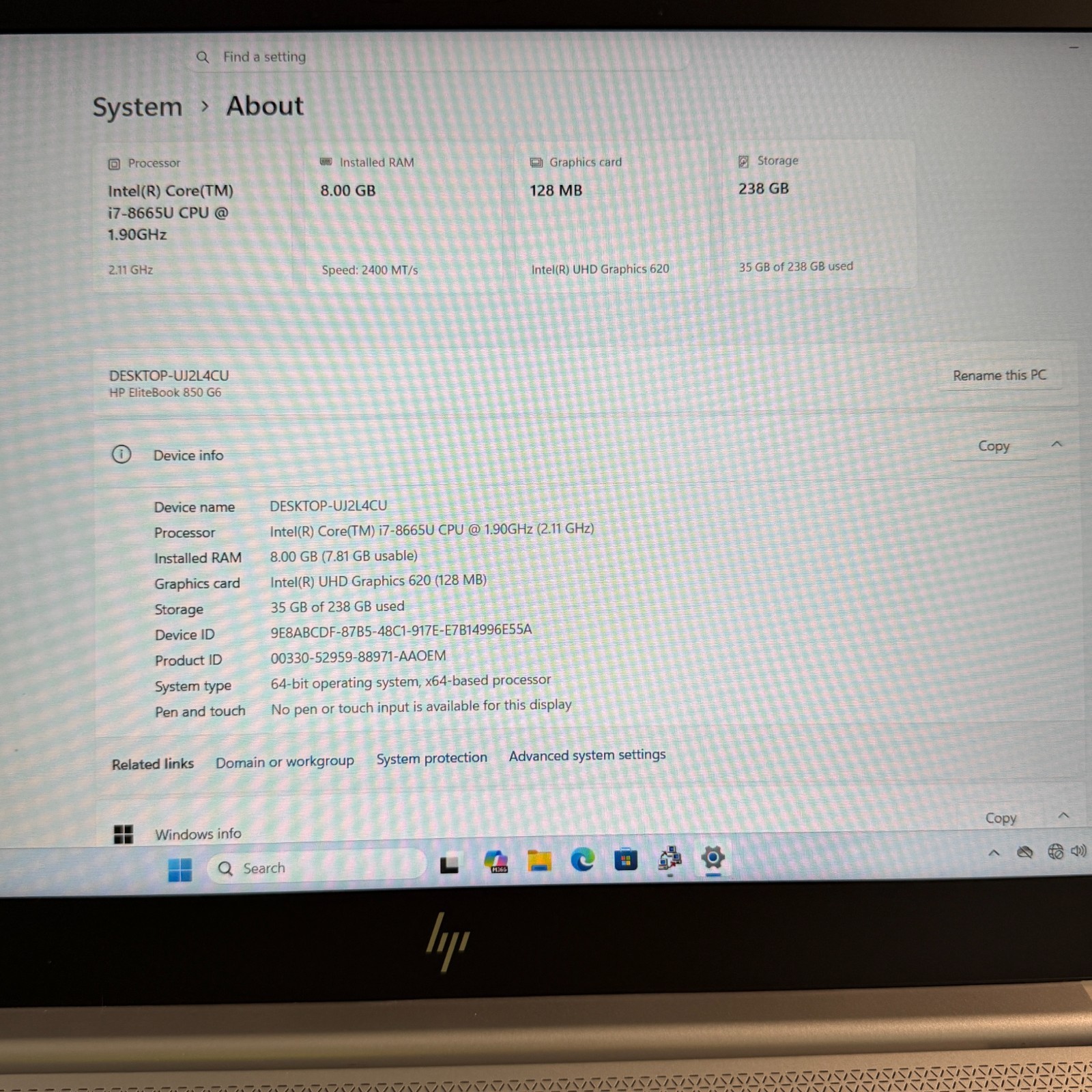 HP EliteBook 850 G6 15.6″ i7-8665U 8GB RAM 256GB SSD Win 11 Pro