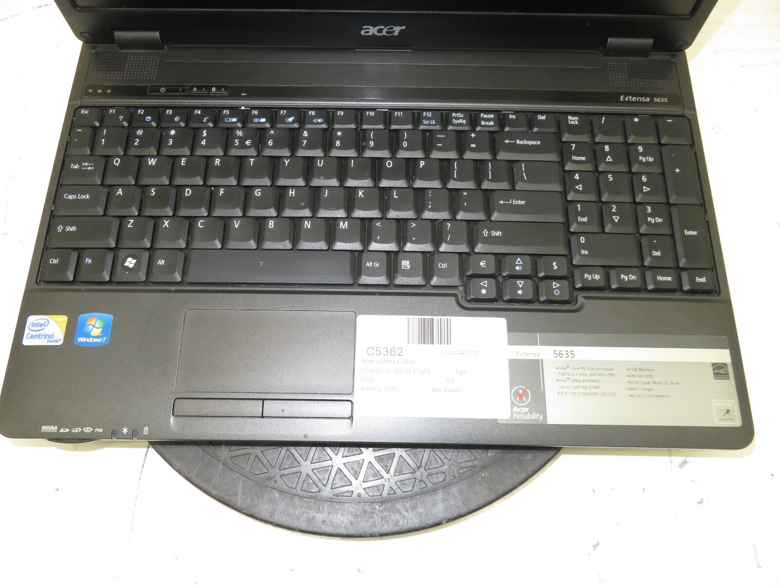 Acer Extensa 5635-6897 Laptop Intel Core 2 Duo T6570 3GB Ram No HDD or Battery