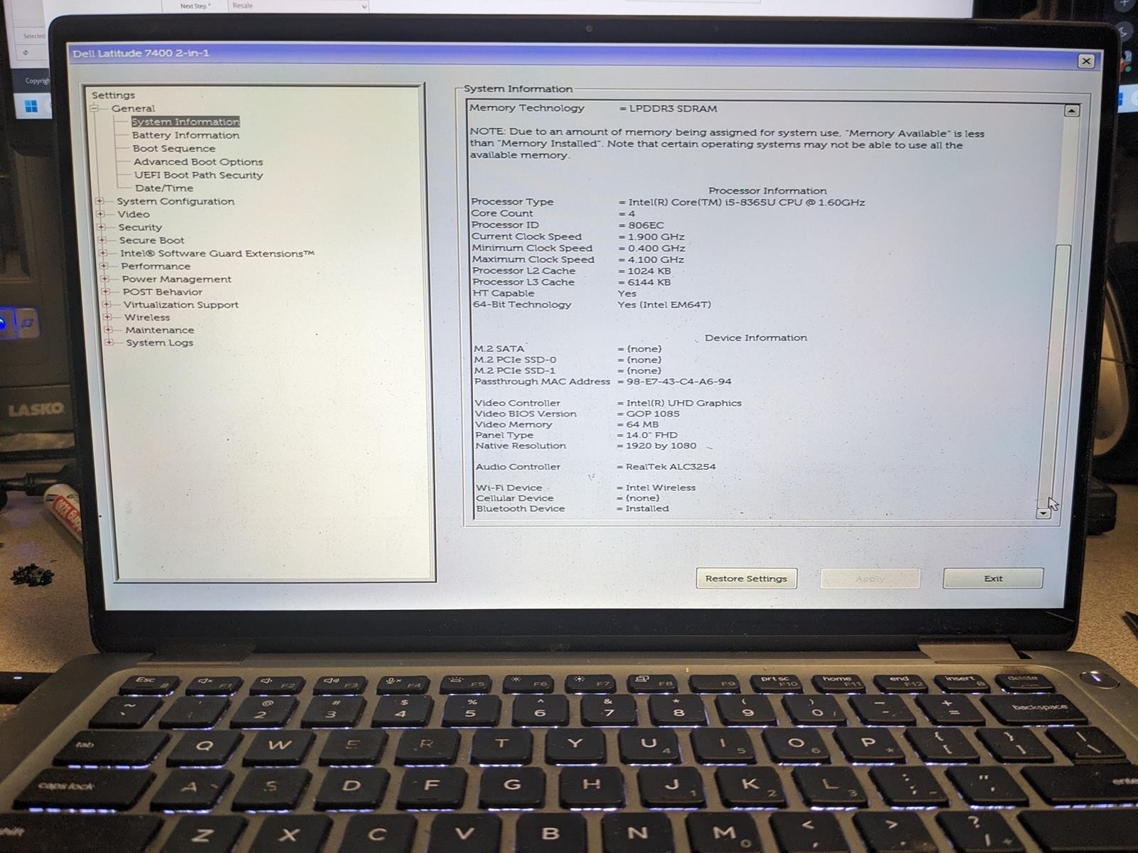 DELL LATITUDE 7400 2-IN-1 i5-8365U @ 1.6GHz, 16GB RAM, NO HDD/OS
