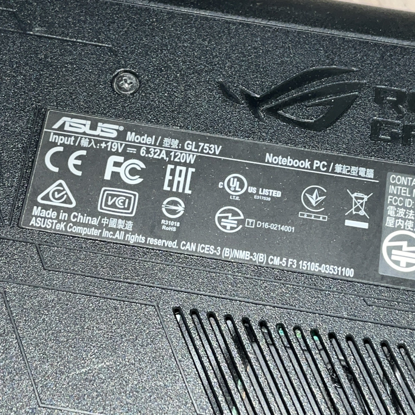 ASUS GL753V INTEL CORE I7 7TH GEN NO RAM NO HD