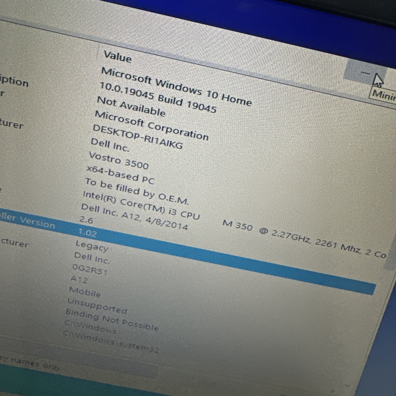 Dell Vostro 3500 15″ Laptop i3 M350 3gb Ram 320gb HDD Windows 10 Home No P/S