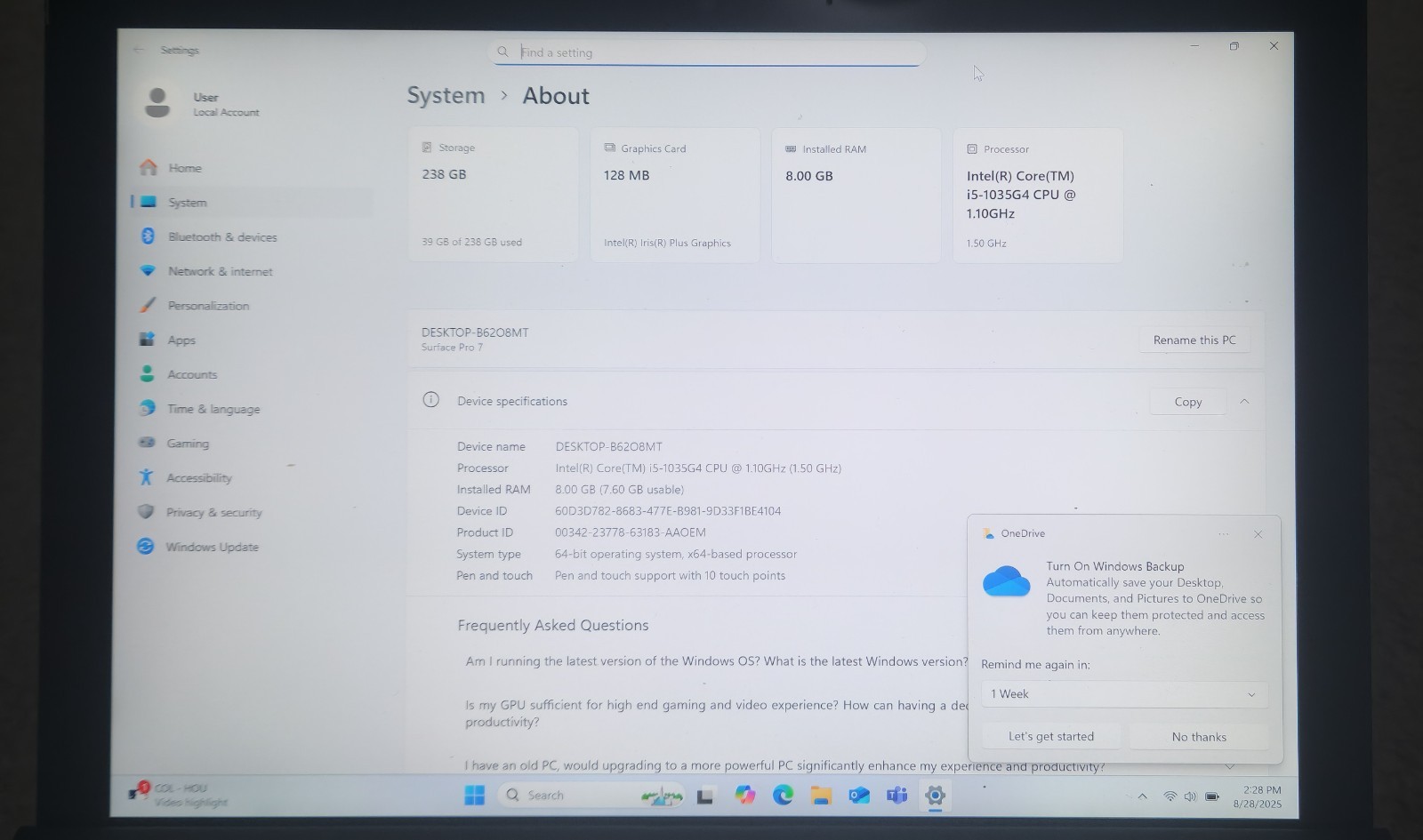 Microsoft Surface Pro 7 12.3 inch (256GB, Intel Core i5 10th Gen., 1.10GHz, 8GB)