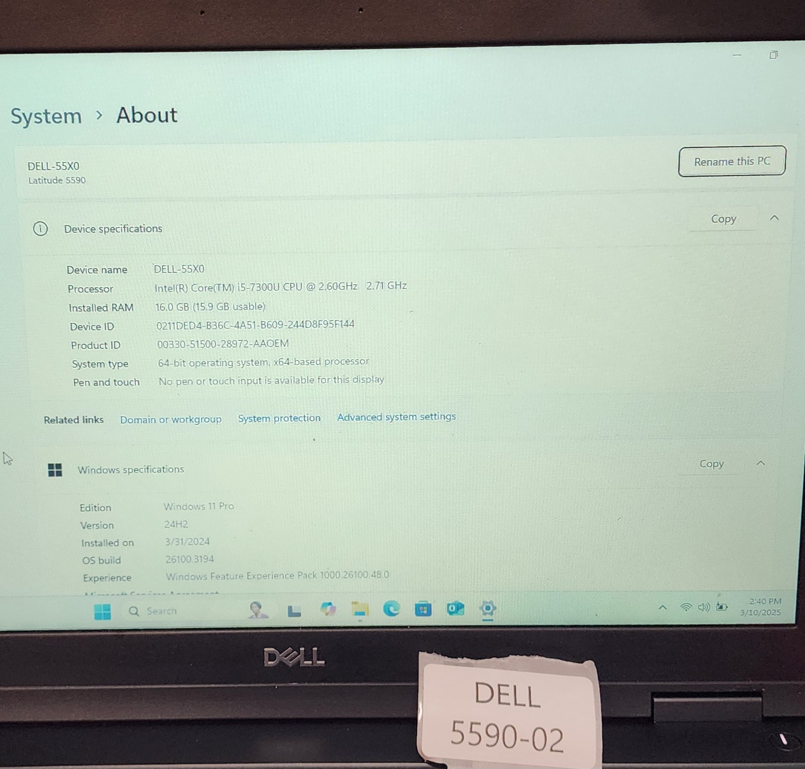 Dell Latitude 5590 i5 CPU 16GB RAM 128GB SSD Win 11 Pro Pwr Adapter