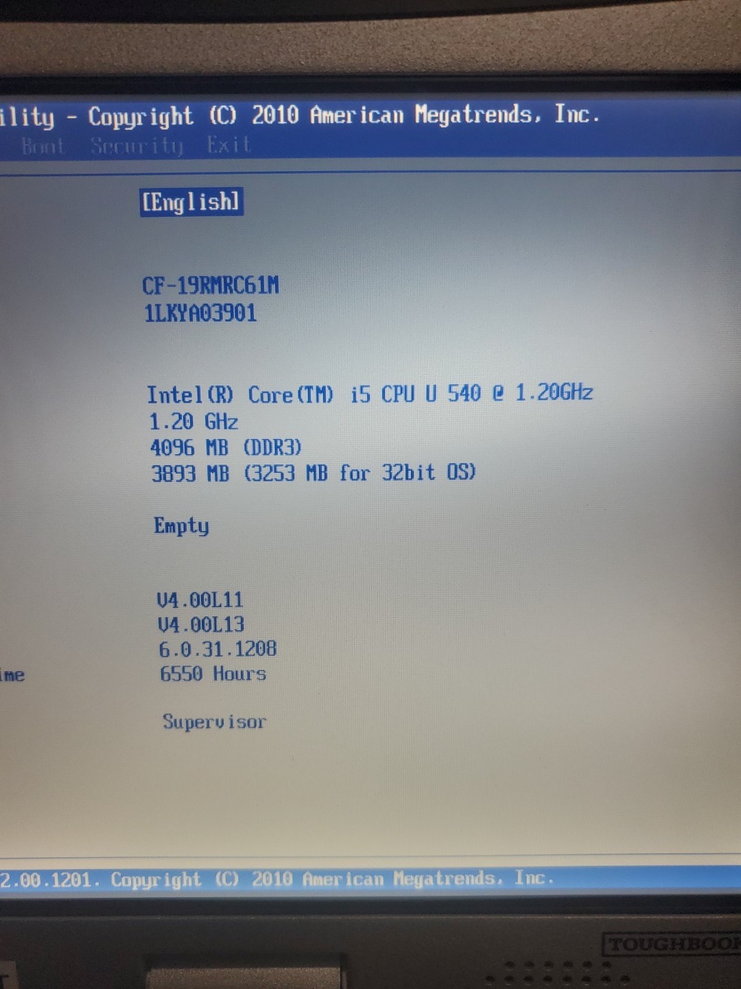 Panasonic Toughbook CF-19, i5-540 @ 1.2GHz, 4GB RAM, NO HD/caddy 6550 Hours