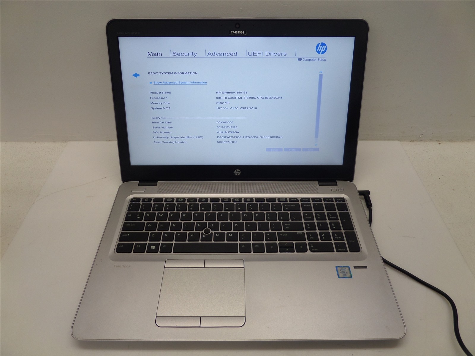 HP EliteBook 850 G3 15.6″ w/ i5-6300U 2.4GHz CPU 8GB RAM – No HDD/OS, Bad Batt.