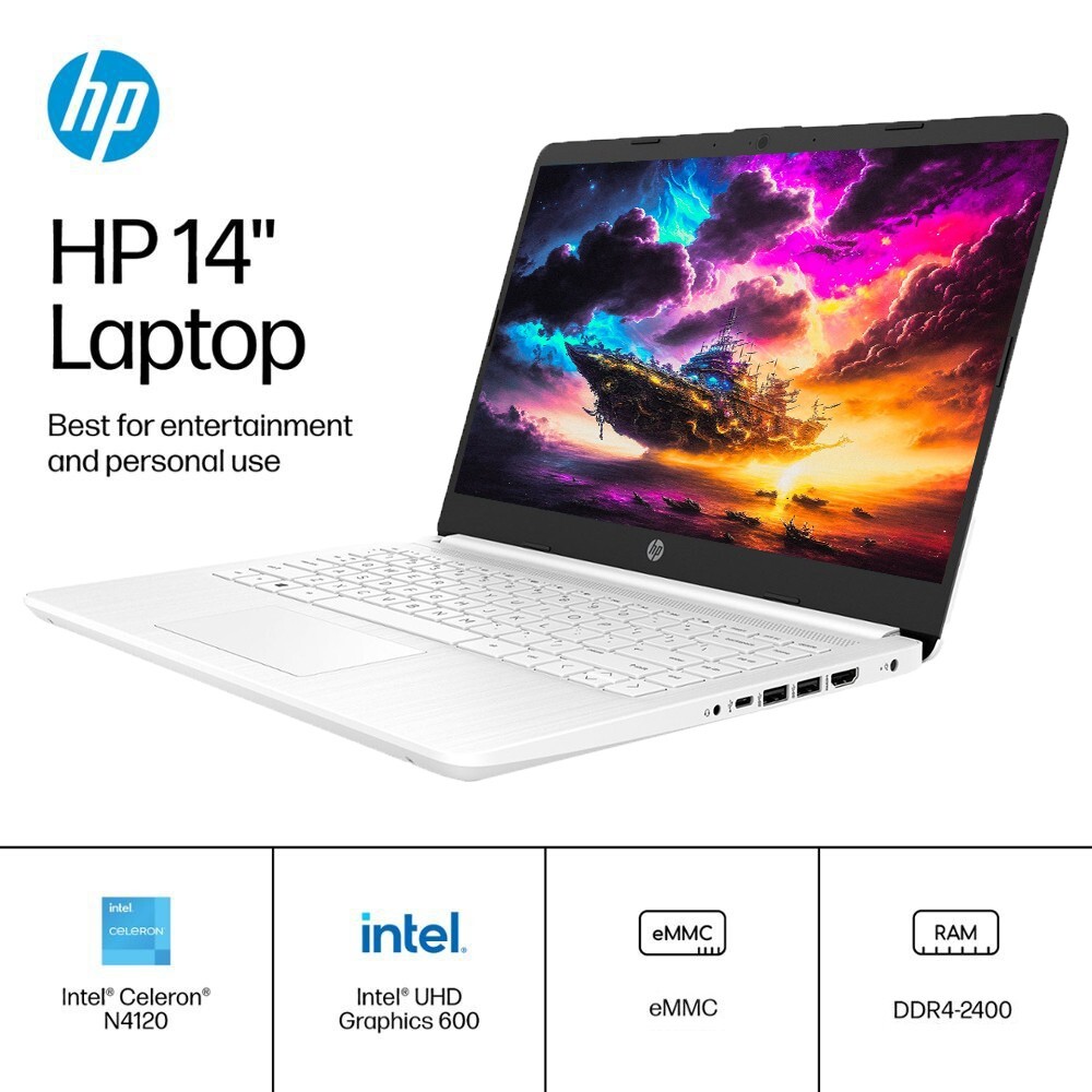 HP 2024 Newest Laptop 14″HD Intel 4-Core Up to 16GB RAM & 320GB Storage White
