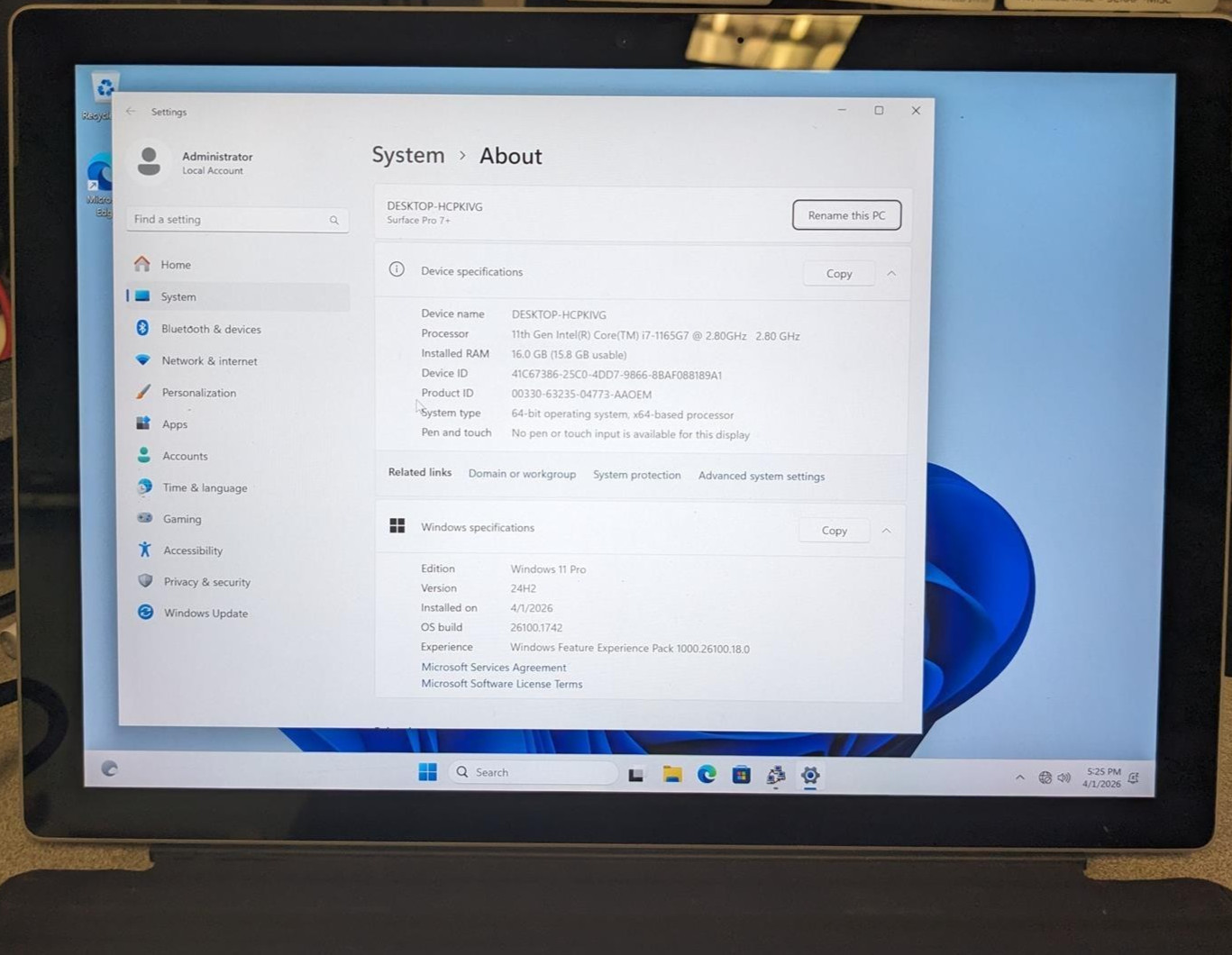 MICROSOFT SURFACE PRO 7+ (1960) i7-1165G7 @ 2.80GHz, 16GB RAM, NO HDD/OS