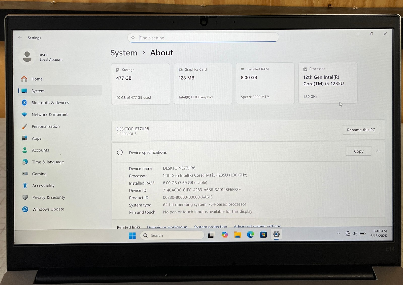 Lenovo ThinkPad E14 Gen 4 Core i5-1235u 8GB RAM 512GB NVMe SSD WIN 11 Pro