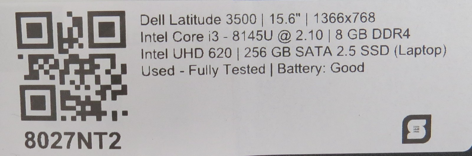 Dell Latitude 3500 | i3-8145U @ 2.10 | 8GB DDR4 RAM | 256GB SSD | No OS w/ AC
