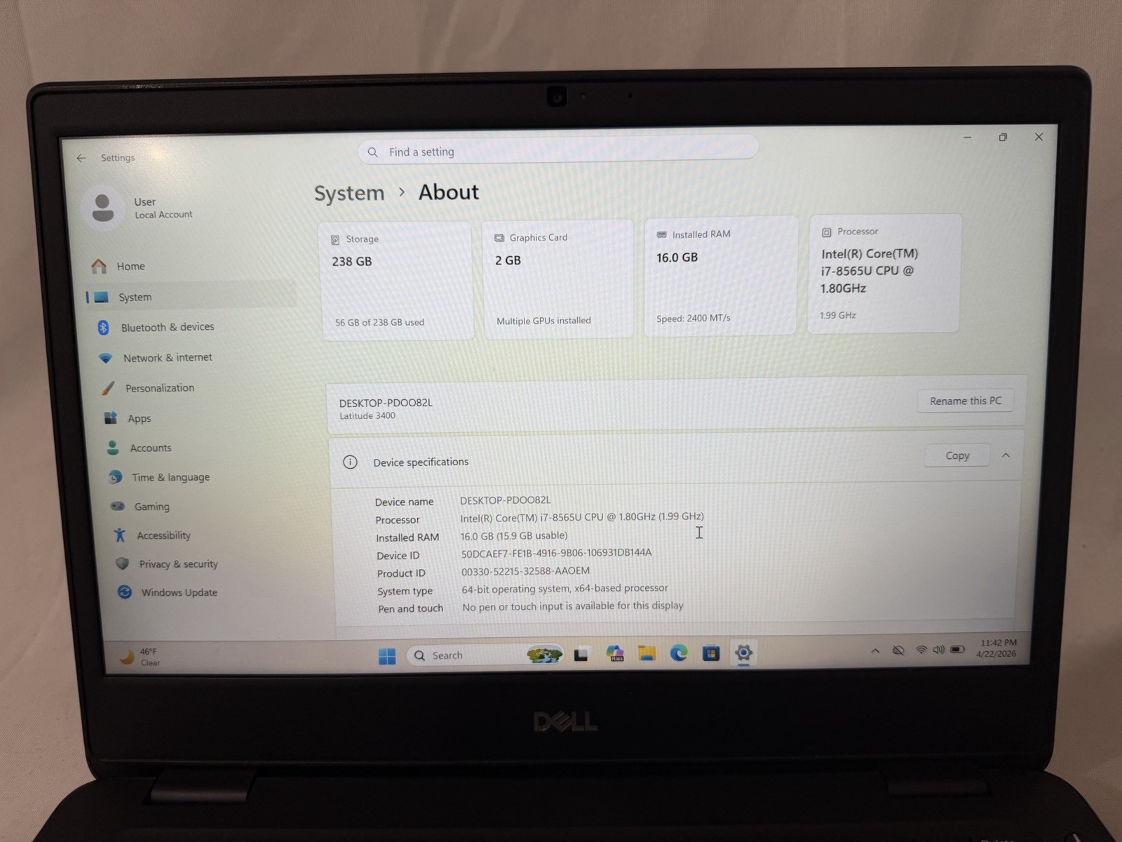Dell Latitude 3400 14” (i7-8565U, 1.8 GHz, 16GB RAM, 256GB NVMe) Win11Pro wGPU