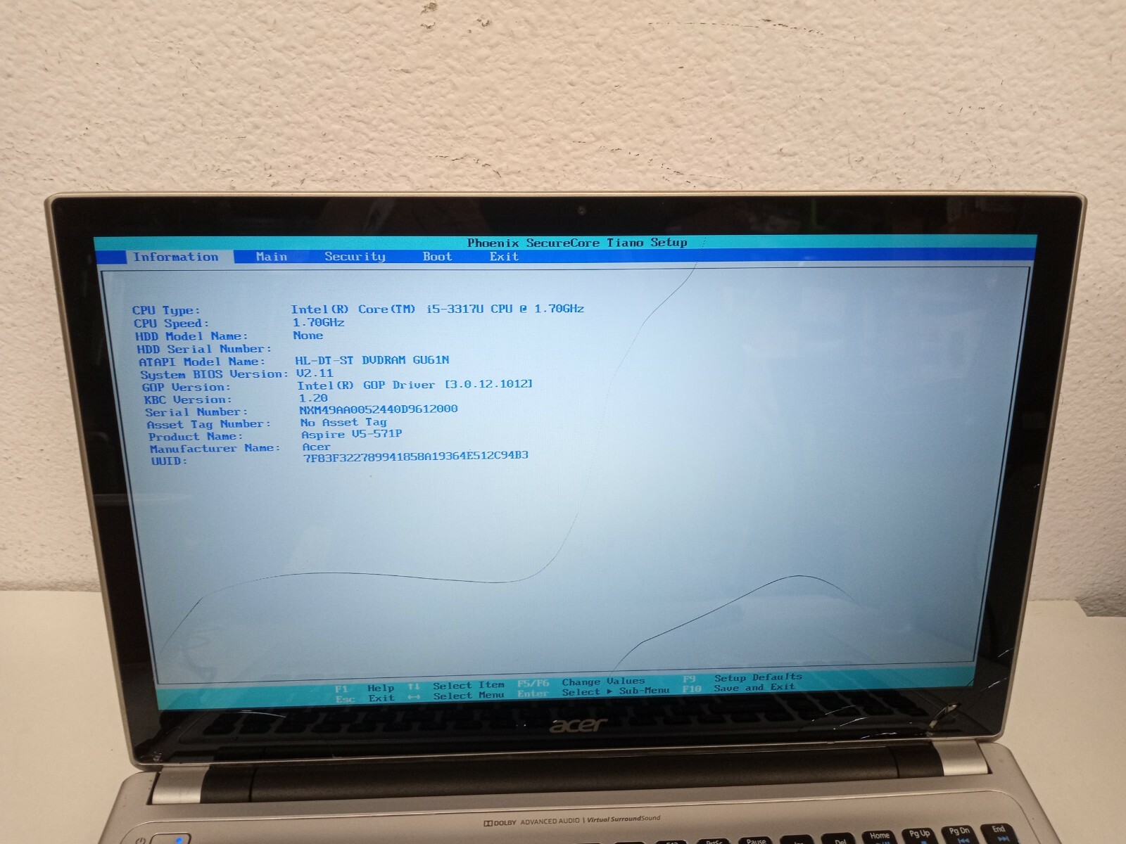 Acer Aspire V5-571P Intel Core i5-3317U 1.7GHz 2GB Ram DVD, NO HARD *FOR PART