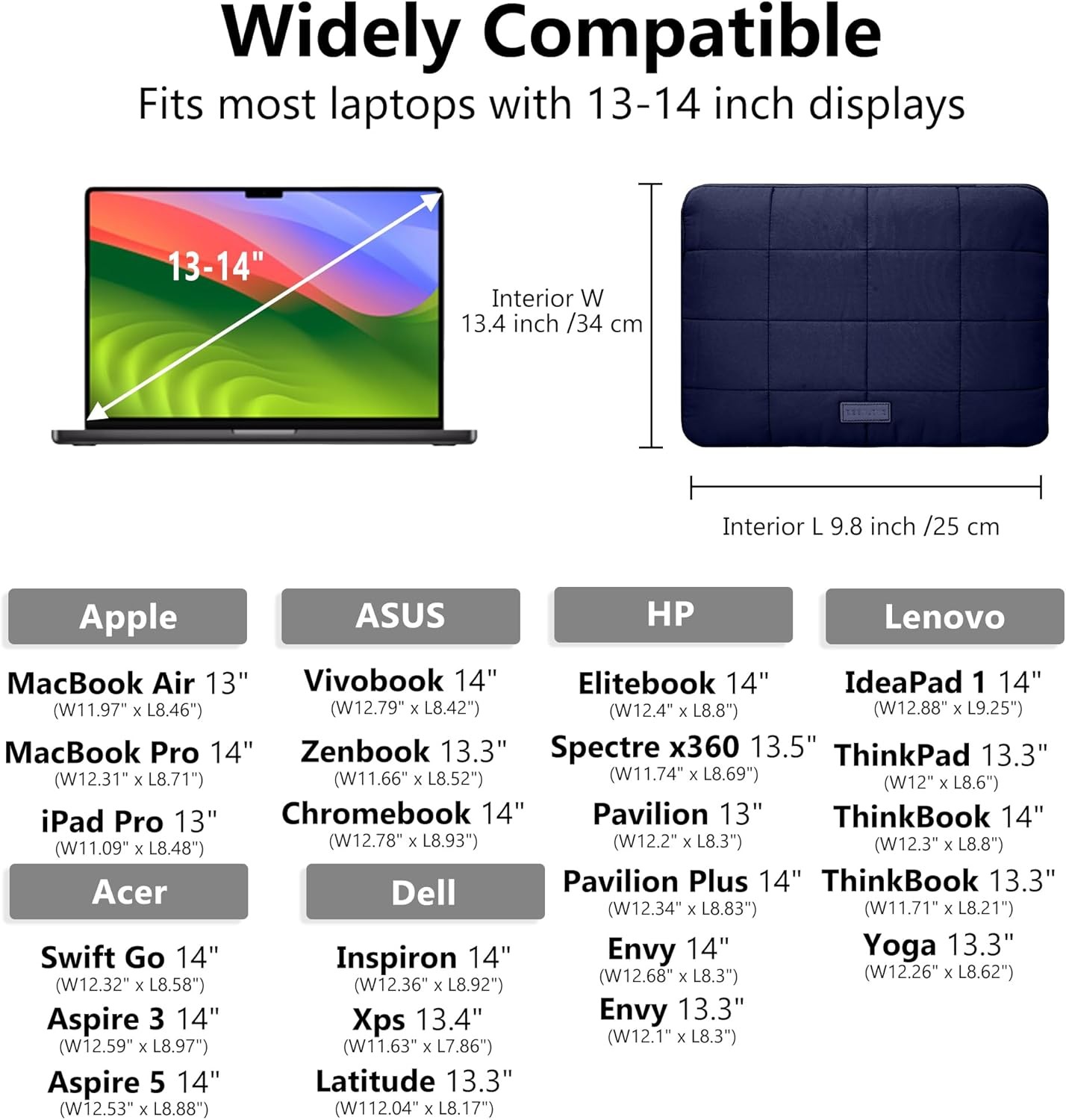 Puffy Laptop Sleeve 14 Inch Matte Navy, Waterproof Carrying Case Bag for Women