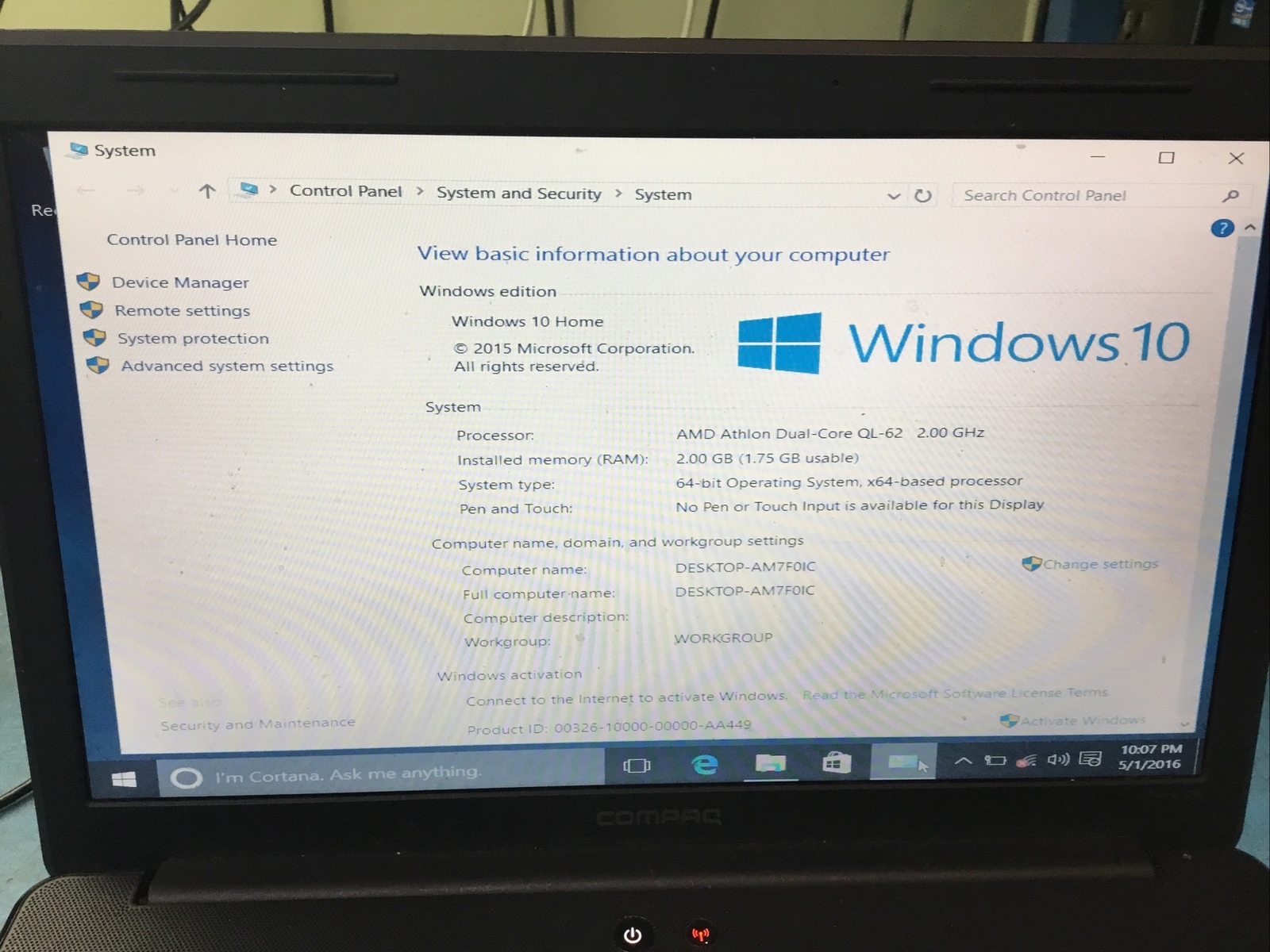 Compaq Presario CQ60 AMD Athlon Dual-Core 2.0GHz, 2GB RAM, 250Gb HDD, Win 10- J1