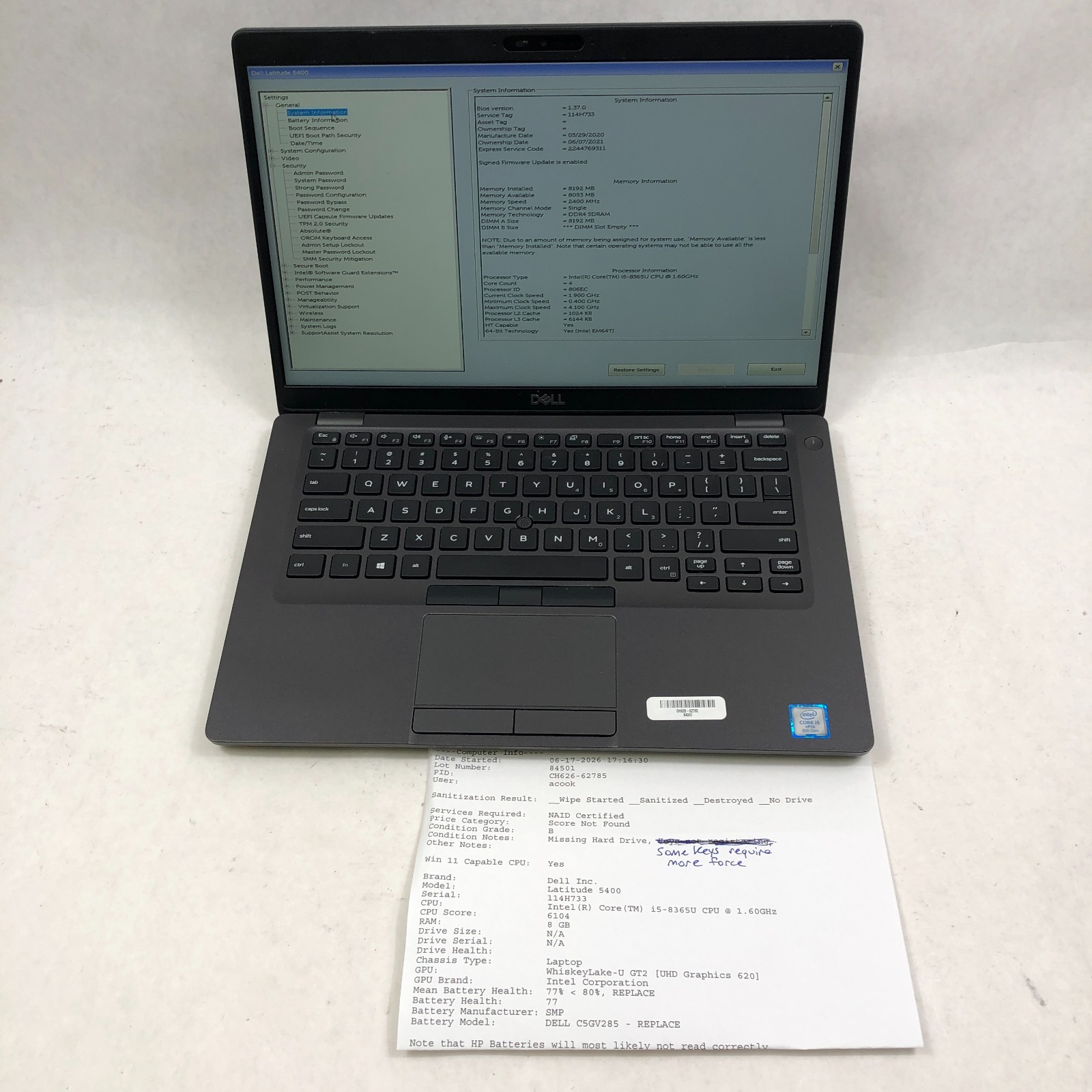 Lot of 8 Dell Latitude 5400 Laptop i5-8265U 1.6GHz 8GB NO SSD 14″ No OS Read
