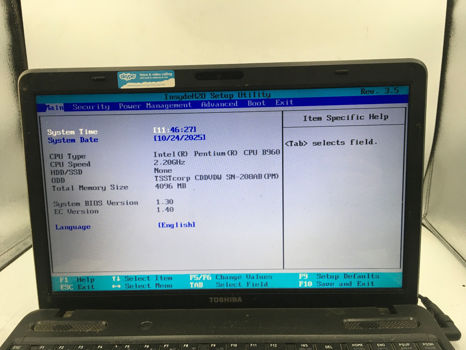 TOSHIBA SATELLITE C655 S5514 -BOOTS TO BIOS-INTEL PENTIUM B960- 4GB RAM -READ-BB