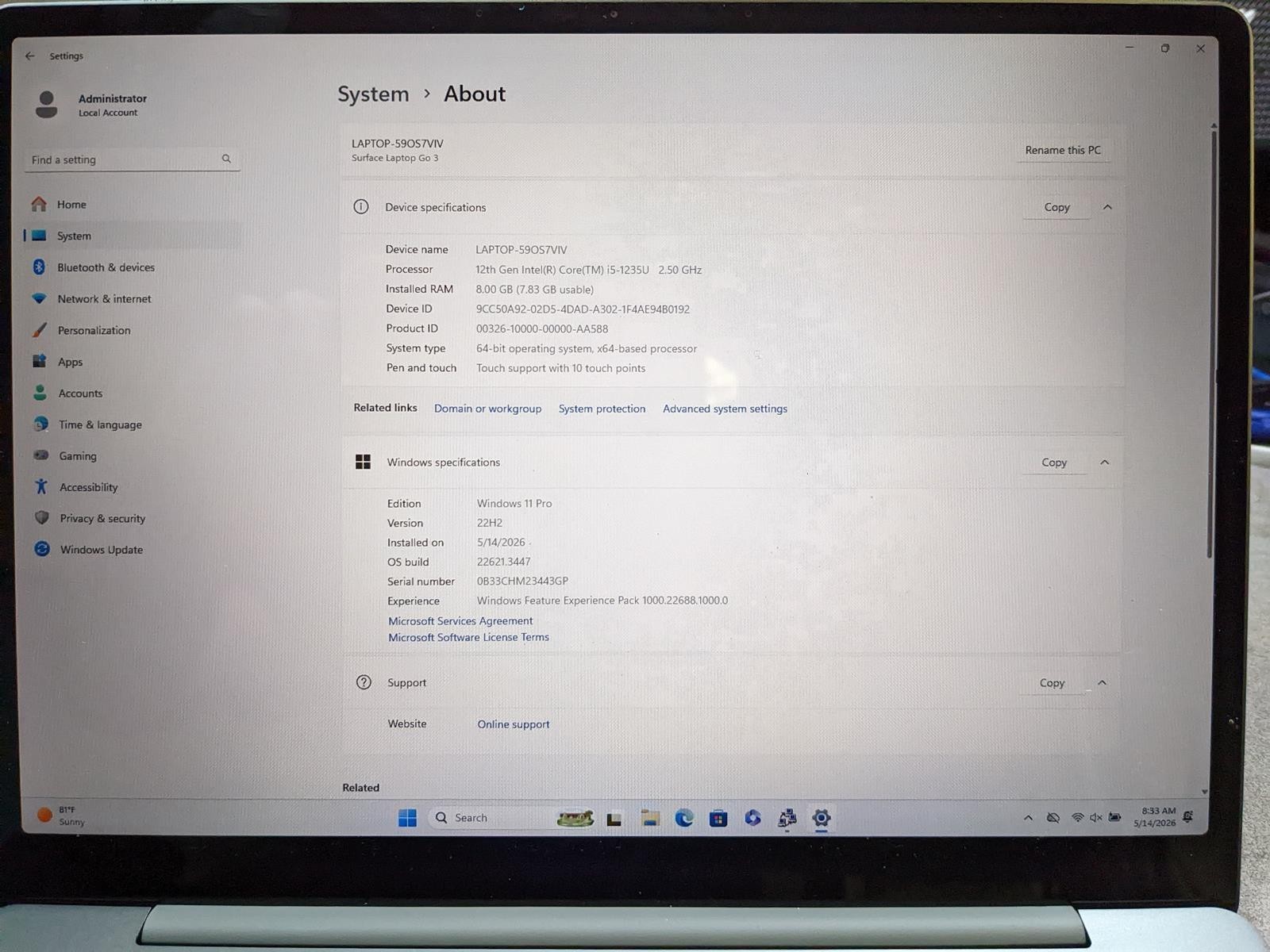 MICROSOFT SURFACE LAPTOP GO 3 2013 I5-1235U @ 2.5GHz, 8GB RAM, 256GB SSD