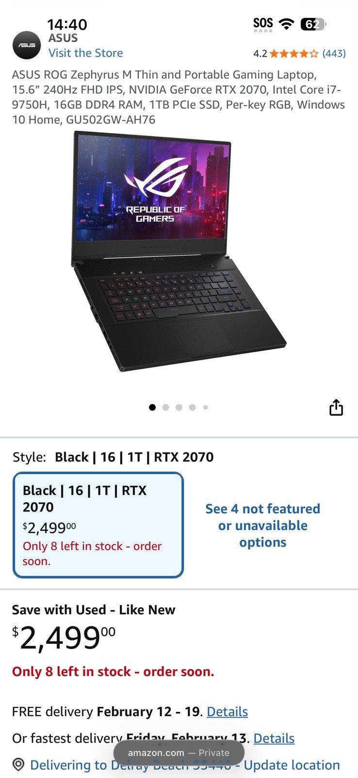 ASUS ROG Zephyrus M15 i7-9750H RTX 2070 Q-Max 8GB DDR4 32GB 1TB SSD 15.6″ FHD
