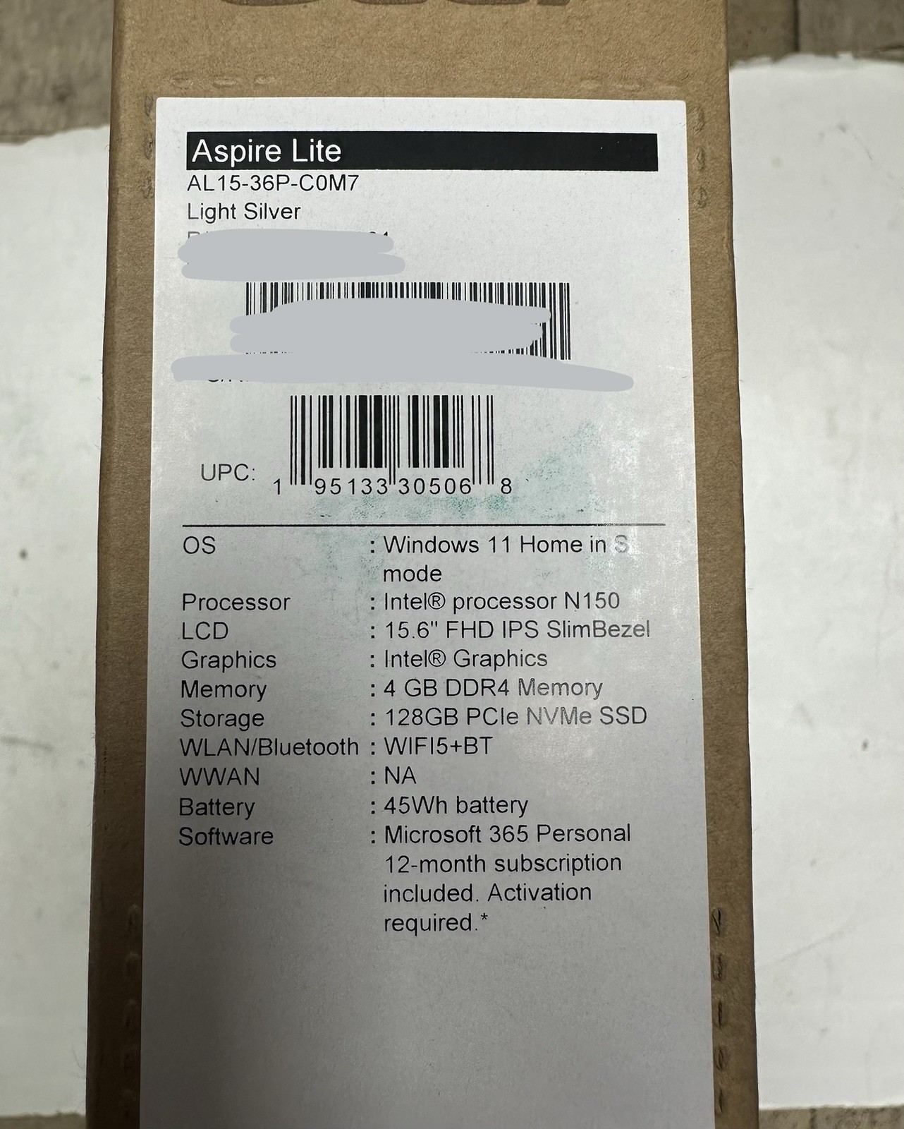 Acer Aspire Lite AL15-36P-C0M7 15.6″ Intel N150 4GB 128GB Light Silver Sealed