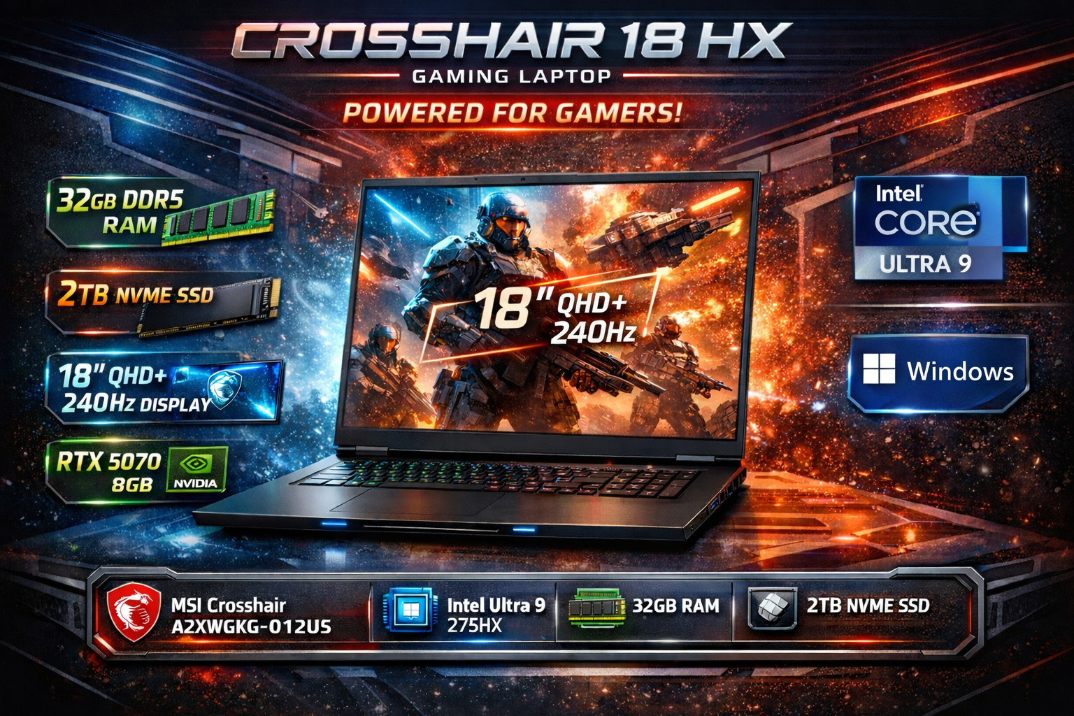 NEW MSI Crosshair 18 HX AI 18″ Ultra 9 5.7GHz Nvidia RTX 5070 32GB DDR5 2TB SSD