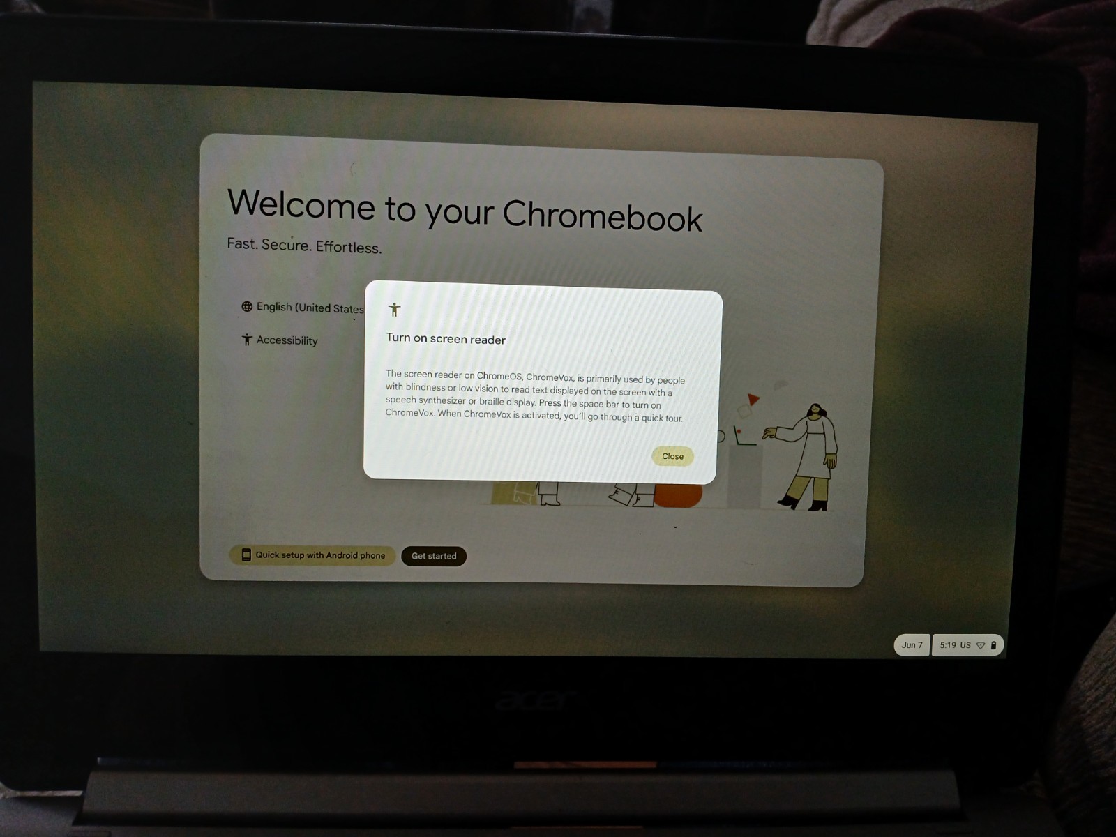 acer chromebook CB5-312T Series. Model No. N16Q10, MFG Date 6-23-2020