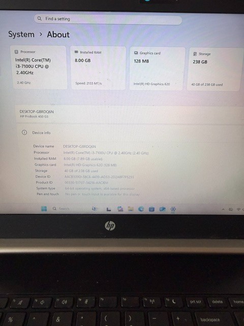 HP 450 G5 I3-7100U 256GB SSD 8GB RAM (No Charger Included)