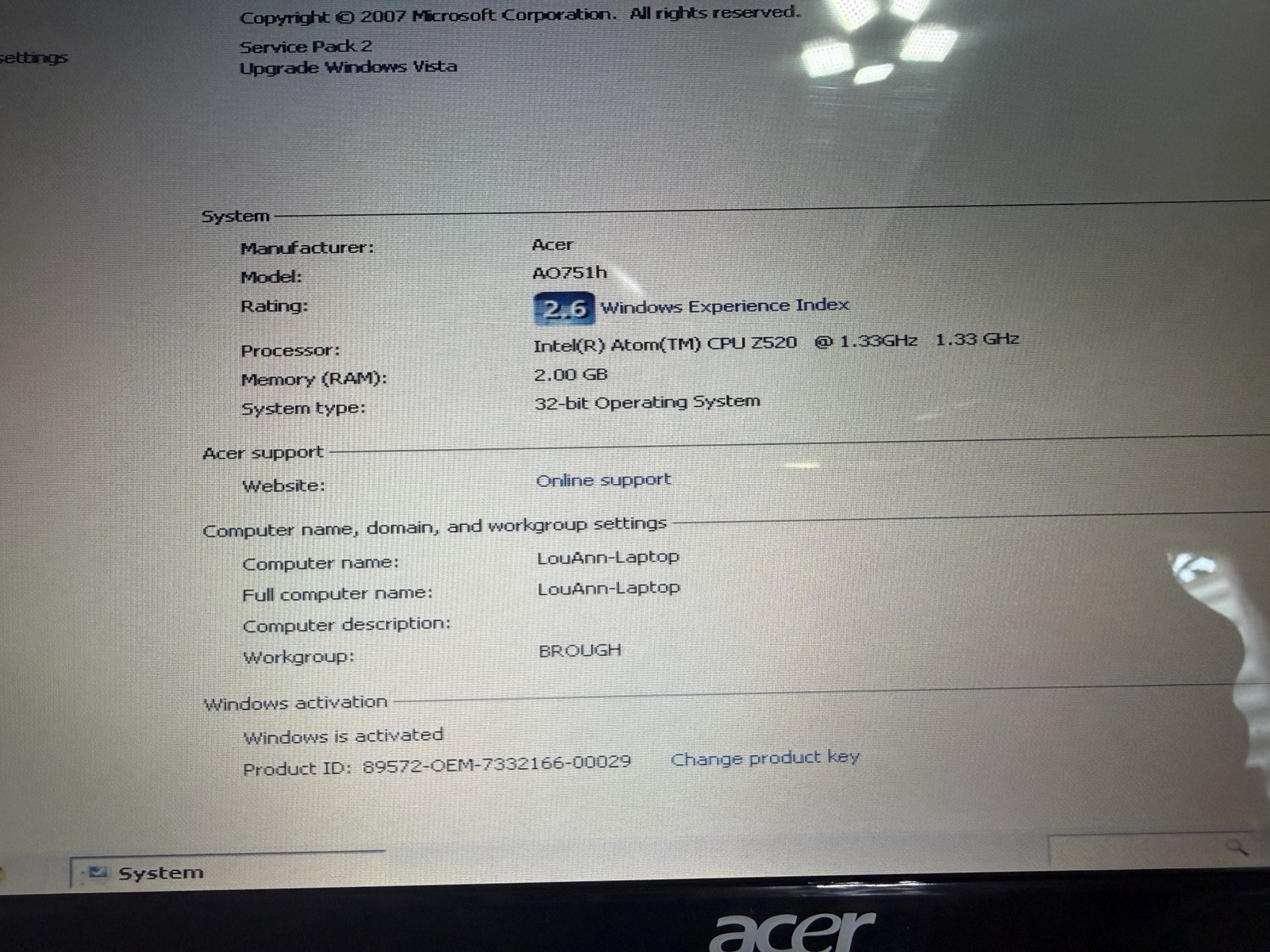 Acer Aspire One Netbook Blue 10.1″ Intel Atom 2GB RAM 80GB HDD Windows 7 Case