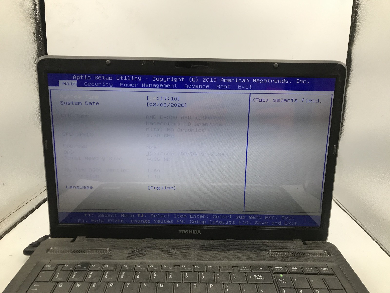TOSHIBA SATELLITE C675D S7109 – BOOTS TO BIOS – AMD E 300 – NO RAM -READ DESC-BB