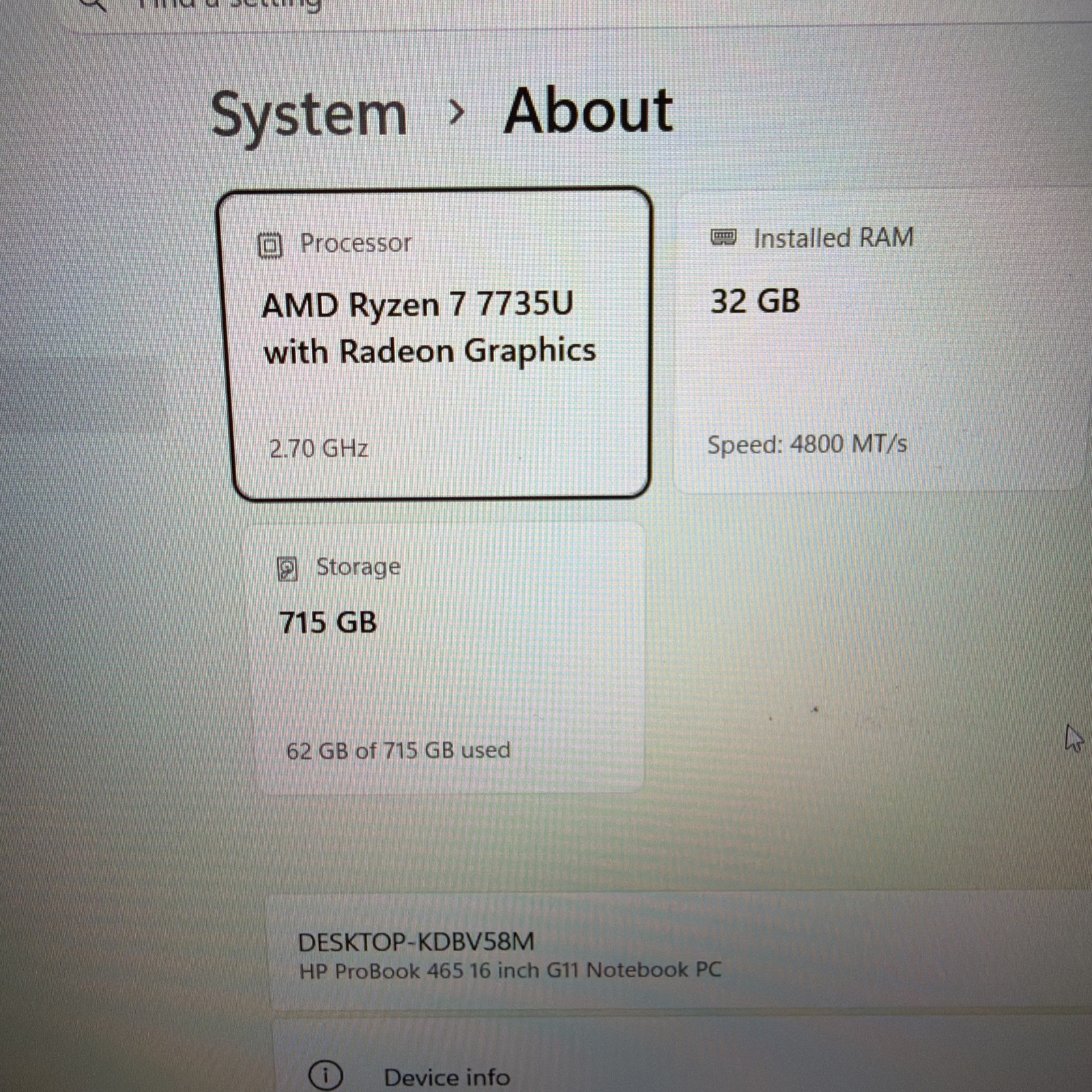HP ProBook 465 G11 16″ AMD Ryzen 7 7735U 32GB DDR5 715GB Dual SSD Windows 11 Pro