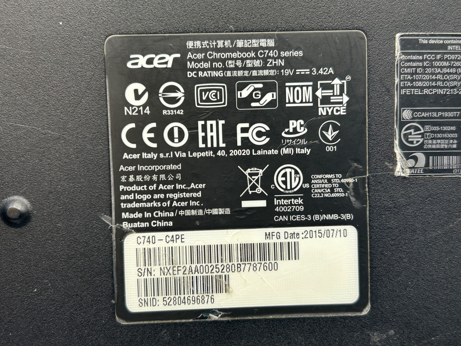 Acer Chromebook C740-C4PE 11.6″ Touch Intel 2955U 4 GB RAM 16 GB eMMC ChromeOS