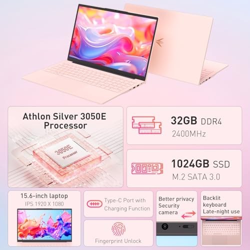 15.6″ FHD Laptop, 32GB RAM + 1TB SSD, WiFi 5/ USB 3.0/ Full USB-C/HDMI, Pink