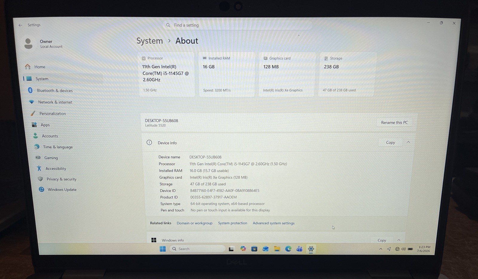 Dell Latitude 5520 15″ i5-1145G7@2.6GHz, 16GB RAM, 256GB M2, Win 11 Pro *READ*