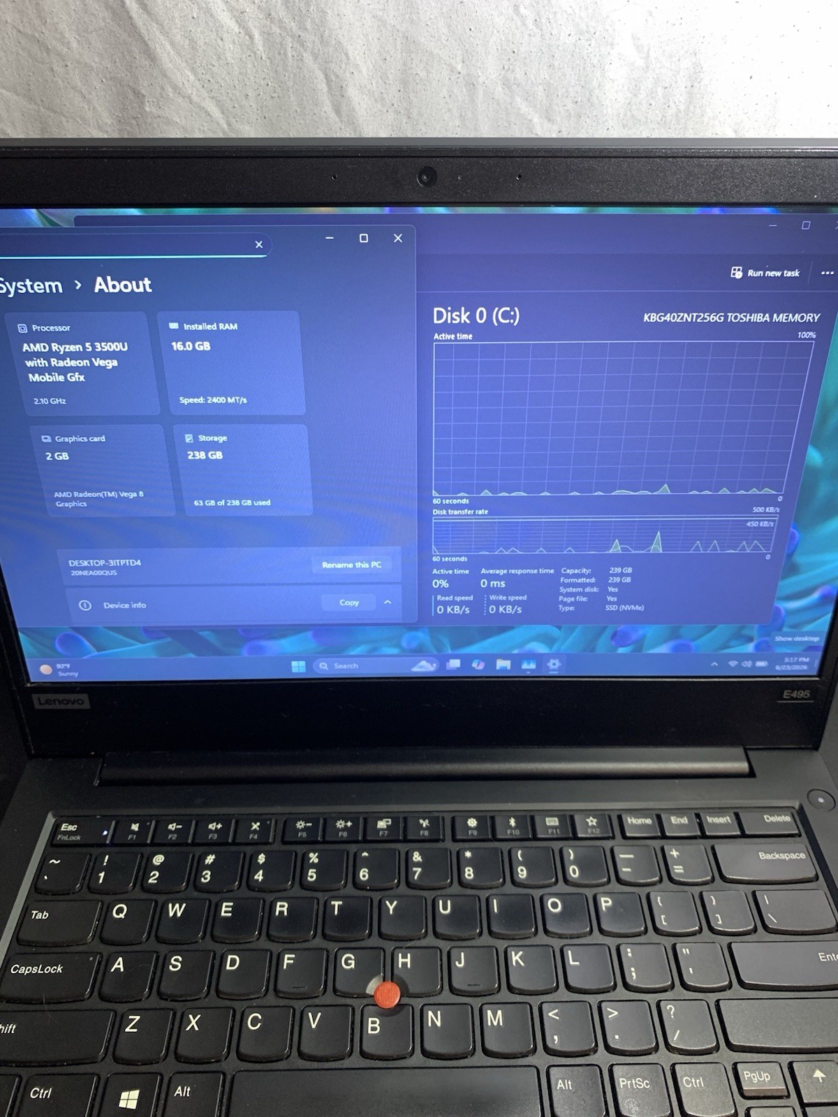 Lenovo ThinkPad E495 Ryzen 5 3500U 16GB 256GB SSD Win11 14in Vega 8 iGPU