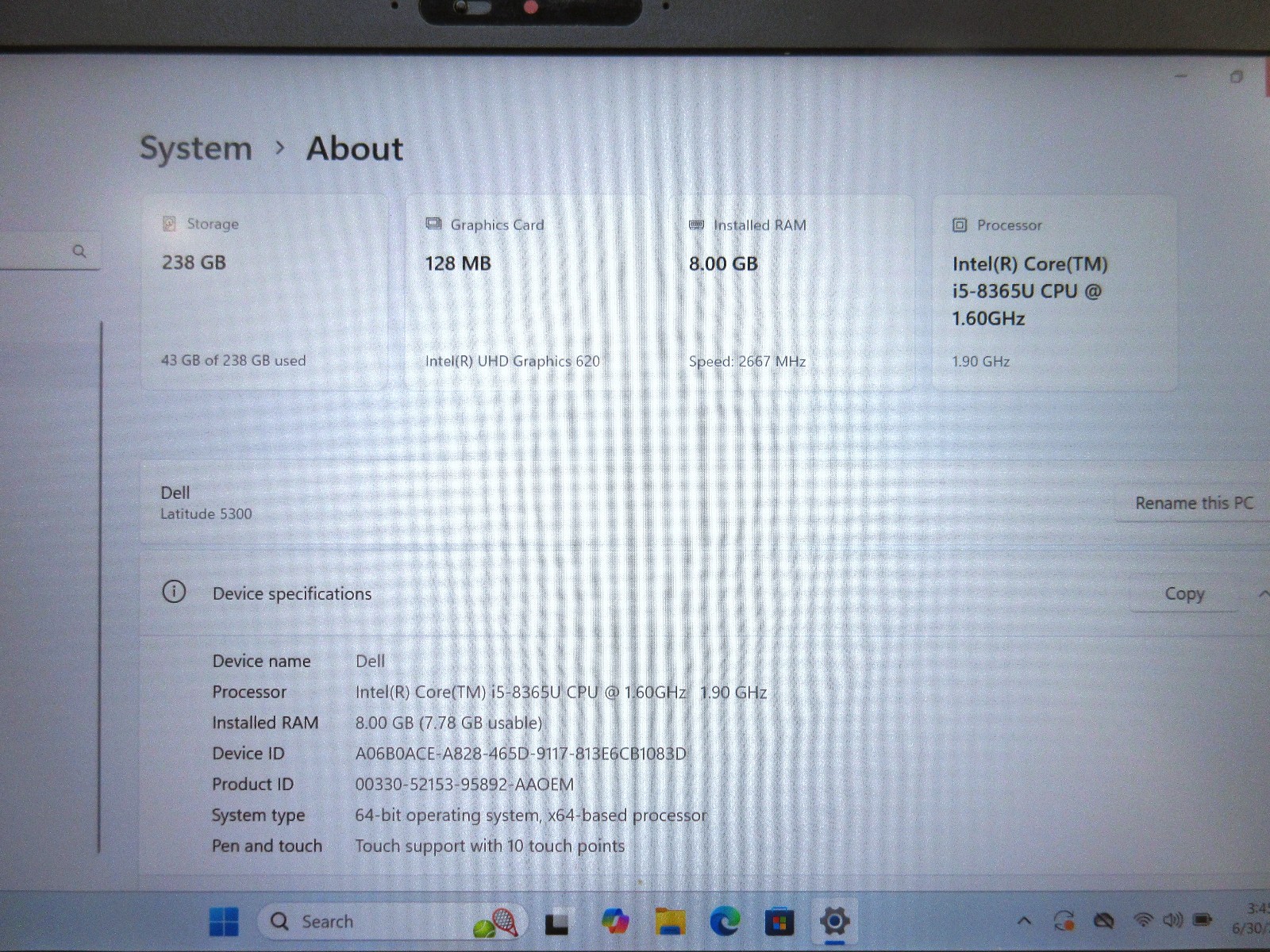 Dell Latitude 5300 13.3″ – i5-8365U 1.60GHz, 8GB RAM, 256GB SSD, Windows 11 Pro