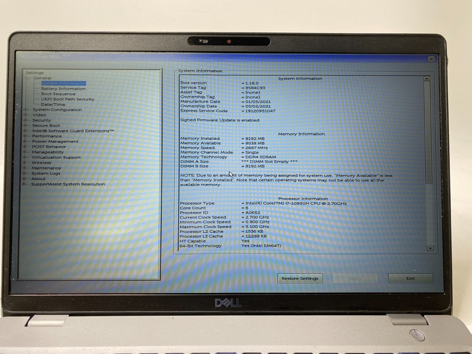 Dell Latitude 5511 15.6″ Touch i7-10850H 4GB RAM MX250 No SSD/WiFi/Bottom PARTS