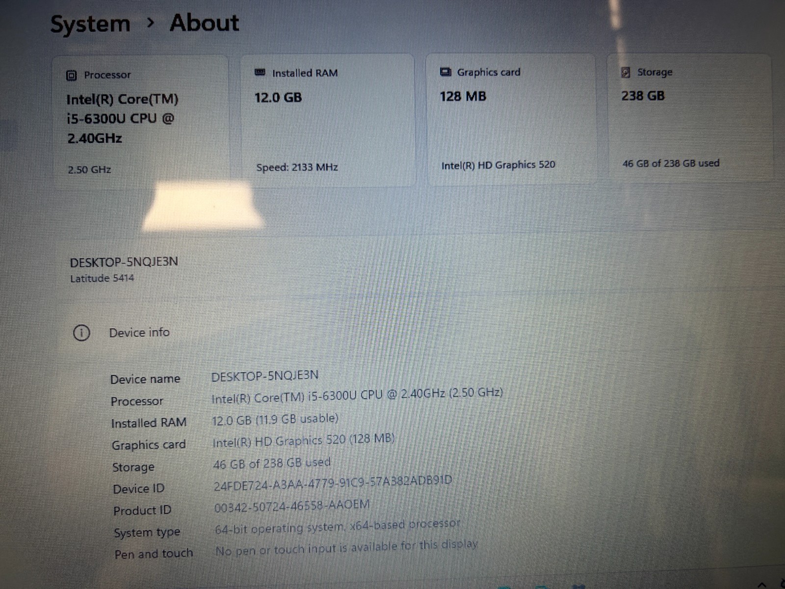 DELL LATITUDE 5414, Intel Core i5-6300U, 2.40 GHz, 12 GB RAM, 256 GB M.2