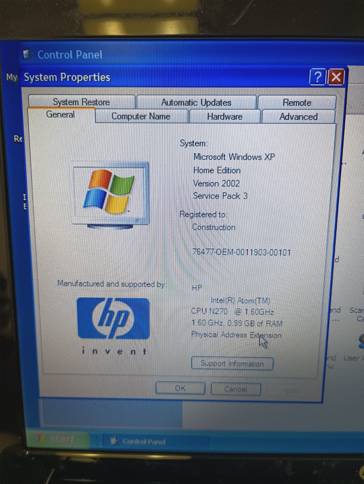 HP Mini 110-1046NR Intel Atom N270 1.6GHz 1 GB Ram 160GB HDD Genuine Windows XP