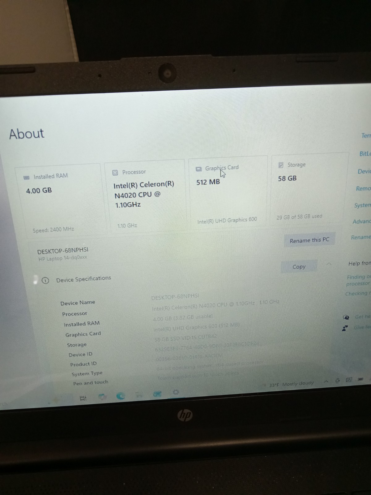 HP Laptop 14-DQ0XXX 14″ Windows 11 Celeron N4020 1.1GHz 4GB RAM 58 GB Storage