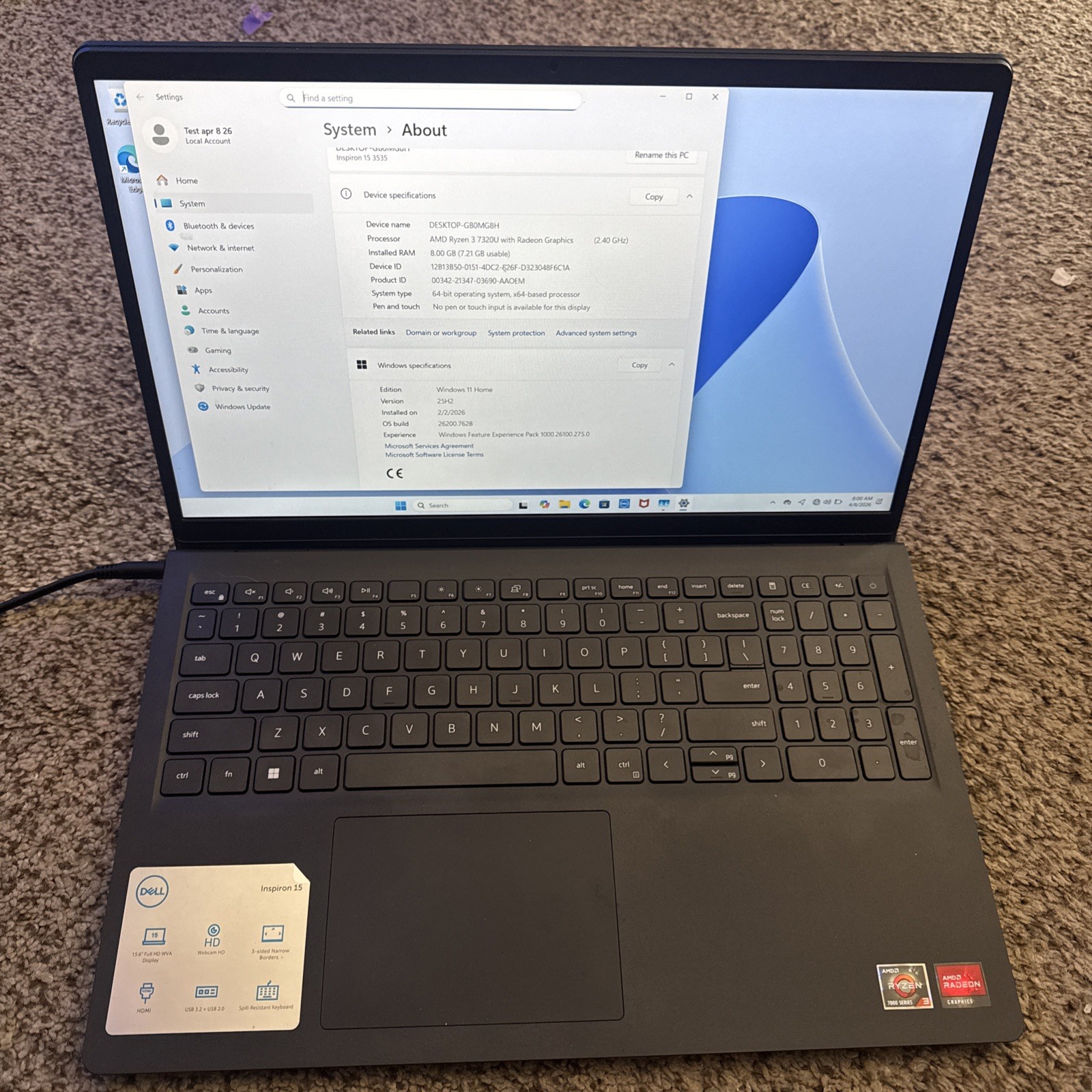 Dell Inspiron 15 DC15255 AMD Ryzen 3 7320U 8GB 512GB SSD AMD Radeon Graphics