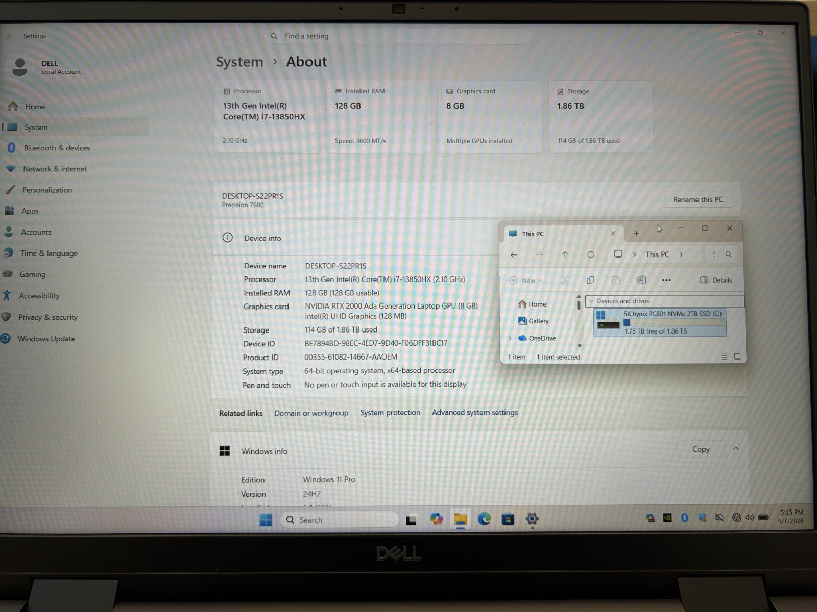 Laptop Dell Precision 7680 16″ Core i7-13850HX 128GB RAM 2TB SSD RTX 2000 Win 11