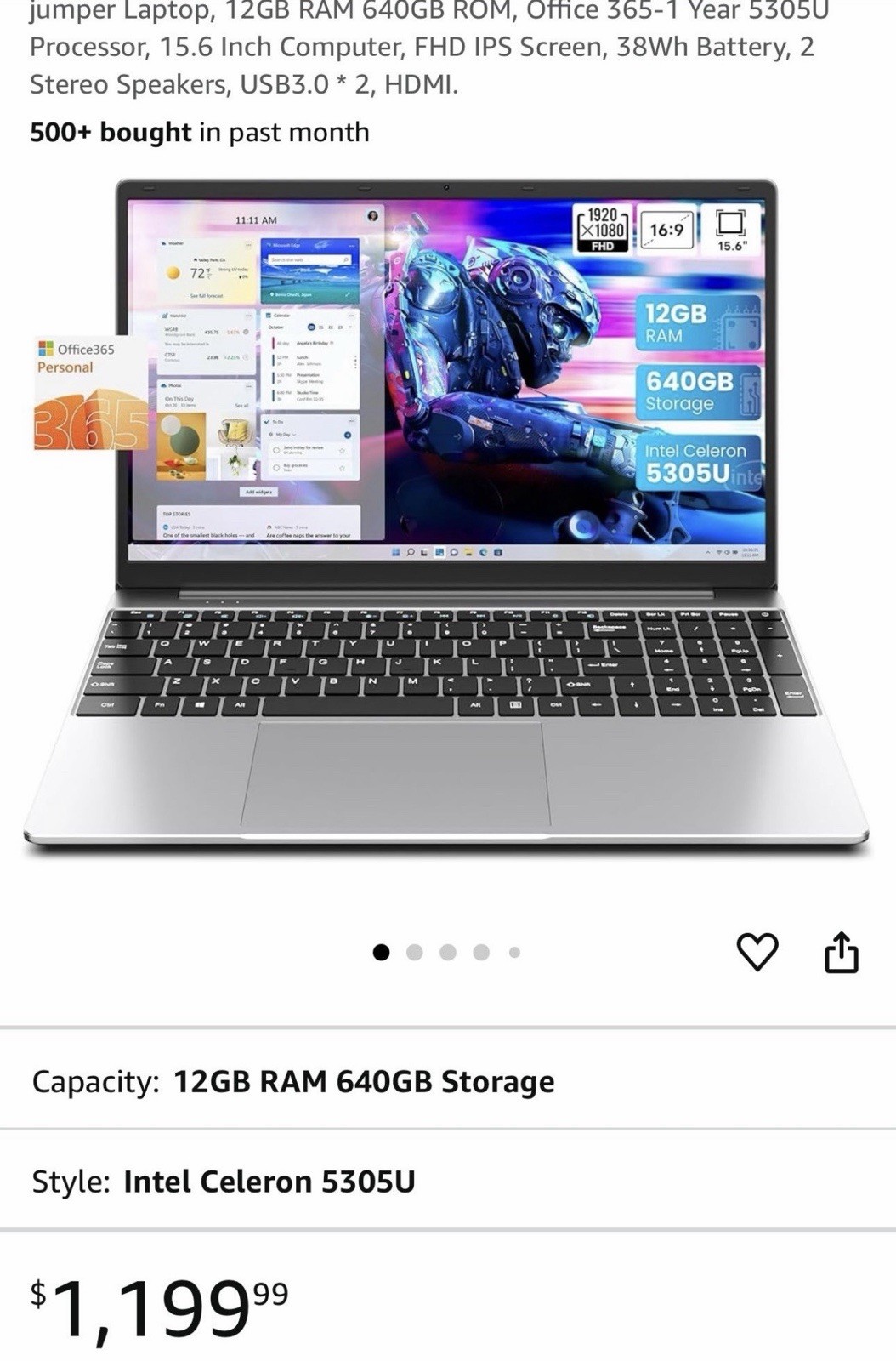 jumper Laptop, 12GB RAM 640GB ROM, Office 365-1 Year 5305U Processor, 15.6 Inch.