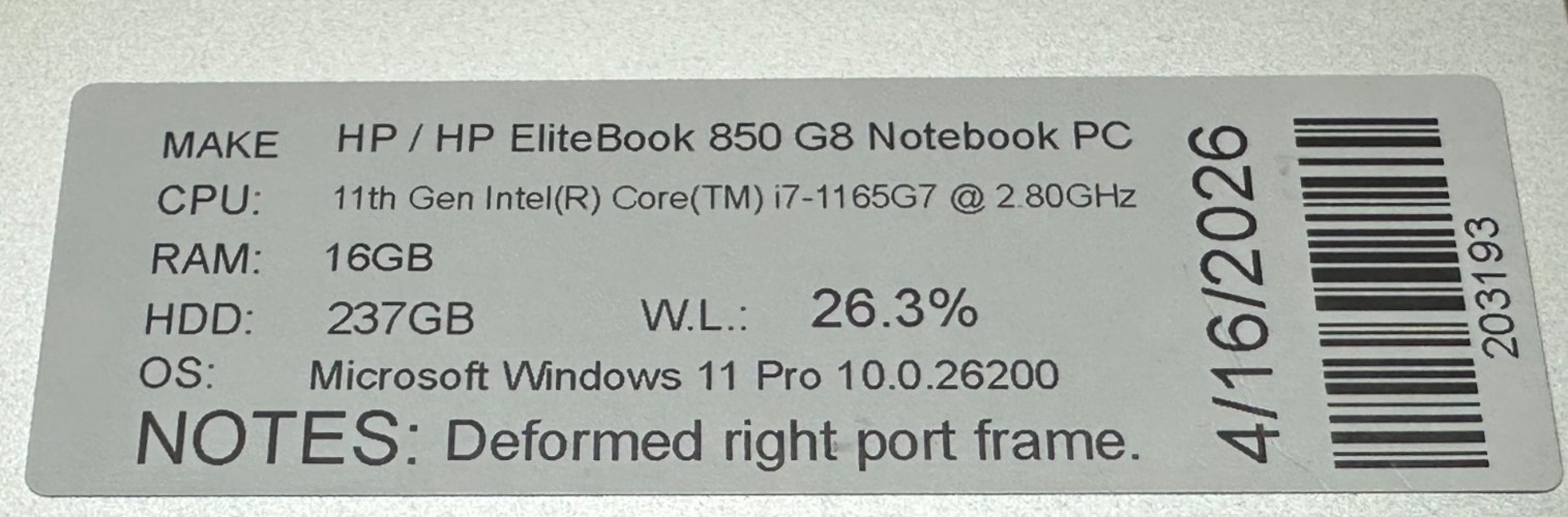 HP ELITEBOOK 850 G8 LAPTOP CORE i7-1165G7 @ 2.80 GHZ 16GB RAM 238GB SSD (lp698)